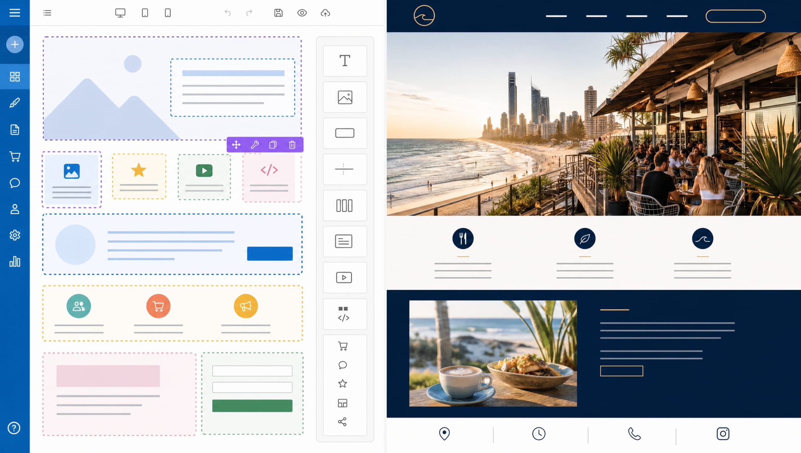 Split screen comparison template website builder vs custom web design Gold Coast