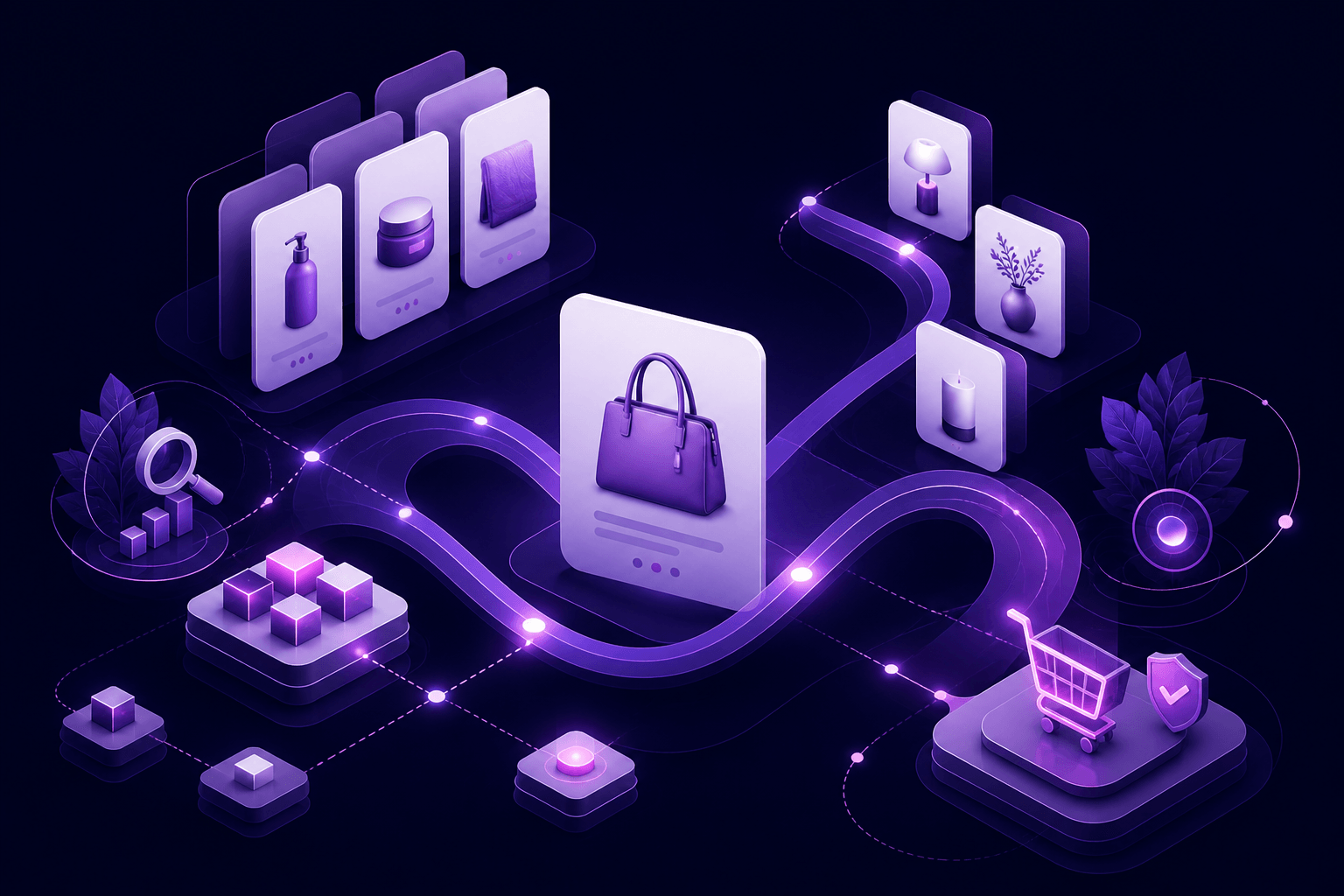 Loom Digital illustration of product categories connected to organic discovery and checkout by a glowing woven path