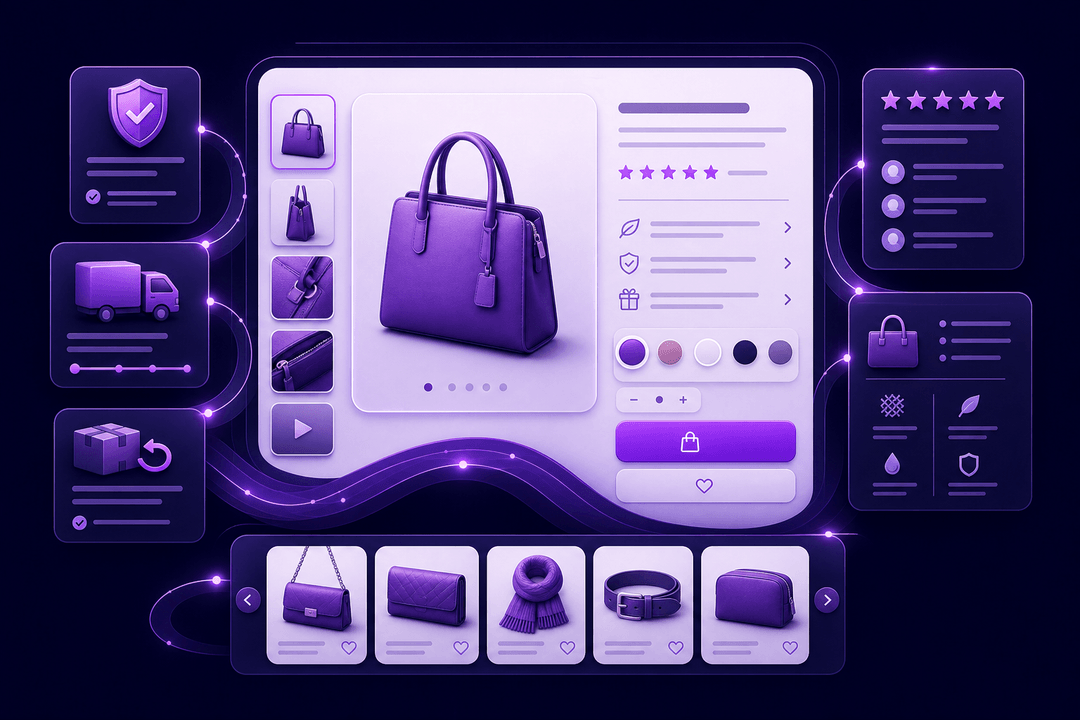Loom Digital product page mockup combining product images, variants, delivery, returns, reviews and related products