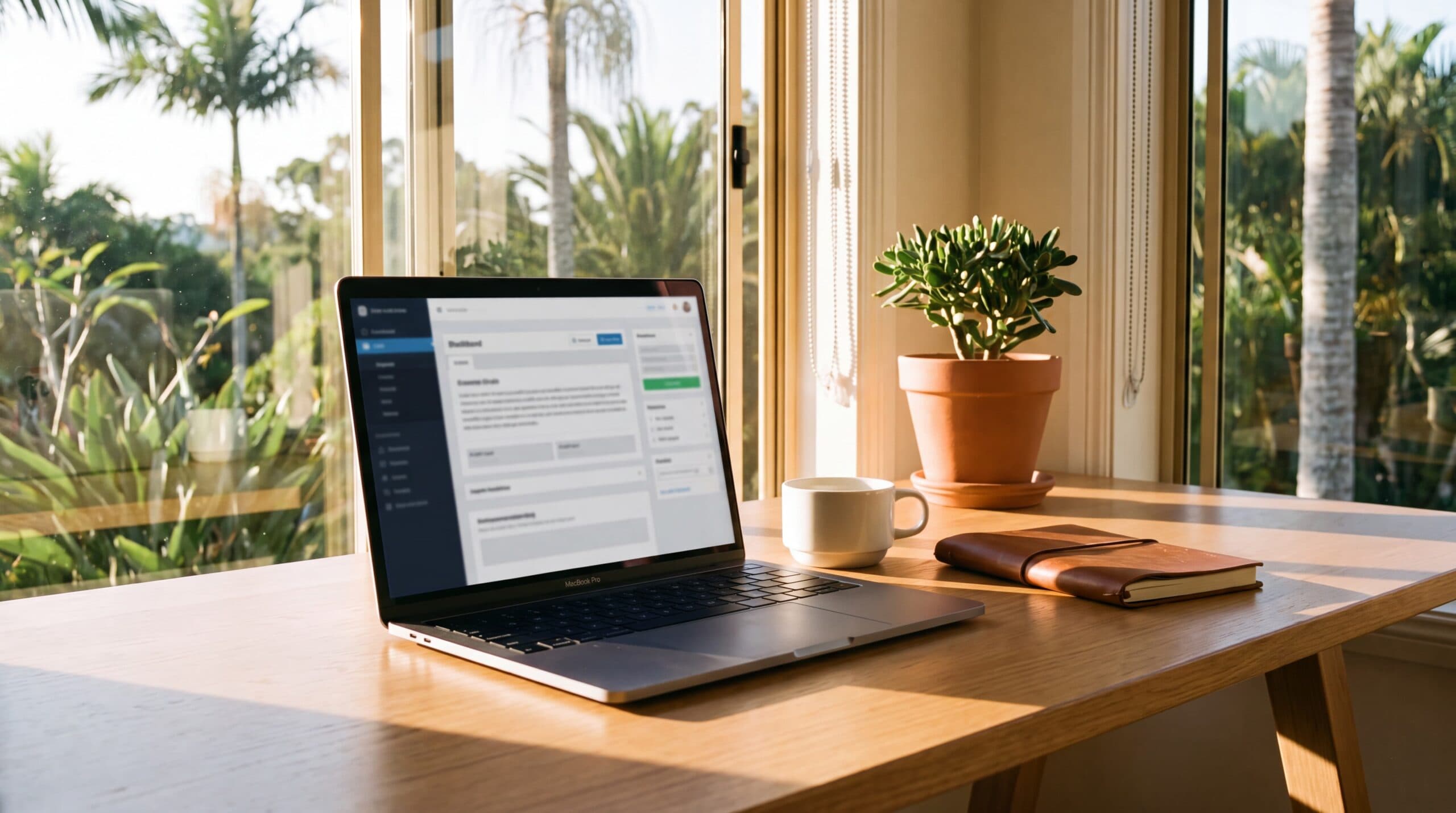 Professional desk setup with laptop showing WordPress CMS dashboard and coffee