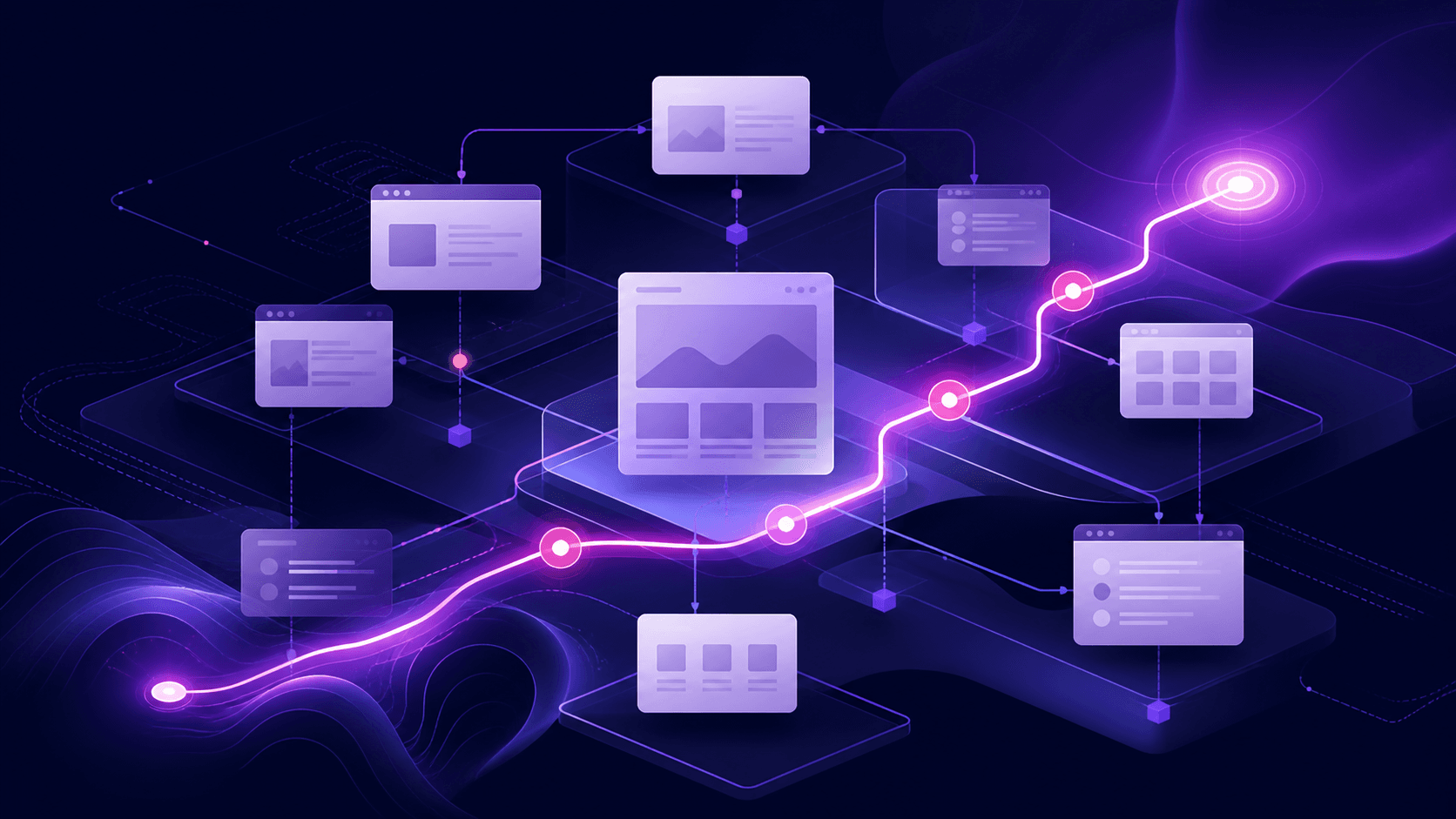 Abstract Loom Digital illustration of connected website modules progressing through an SEO audit