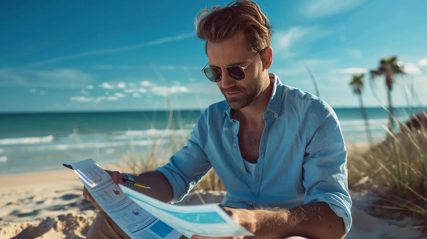 a vibrant coastal setting on the gold coast features a small business owner studying a detailed infographic on seo costs, surrounded by the stunning beach and bright blue skies, illustrating the theme of navigating digital marketing.