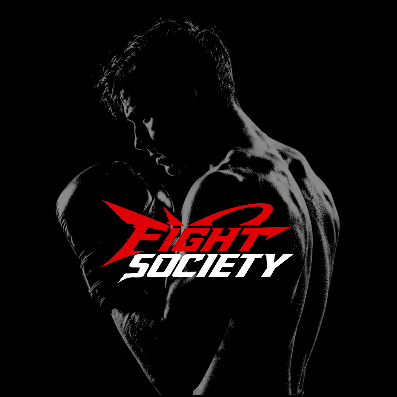 Fight Society logo over a black and white portrait of a boxer