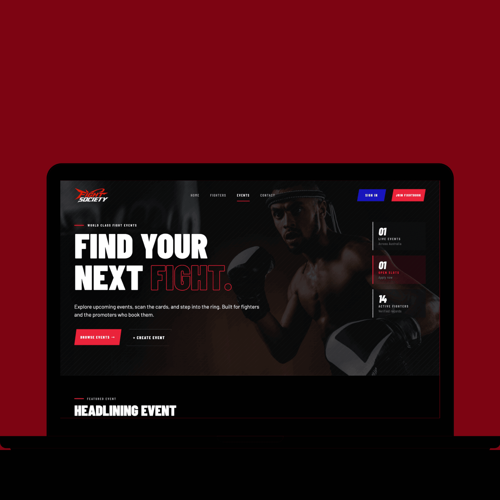 Fight Society home page shown on a desktop computer mockup