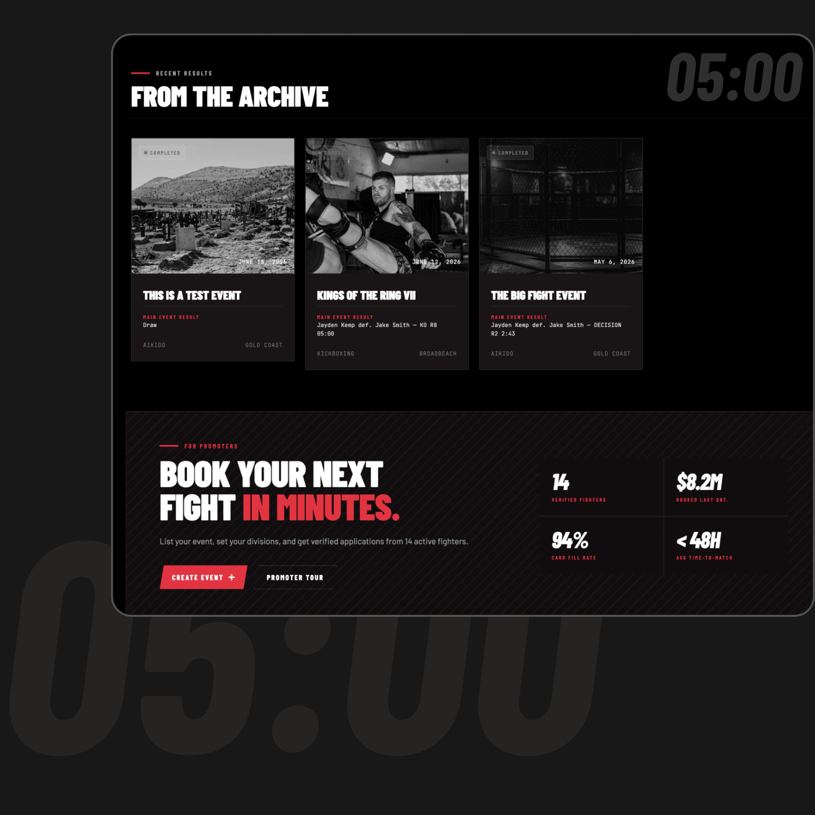 Fight Society event archive and promoter call to action interface