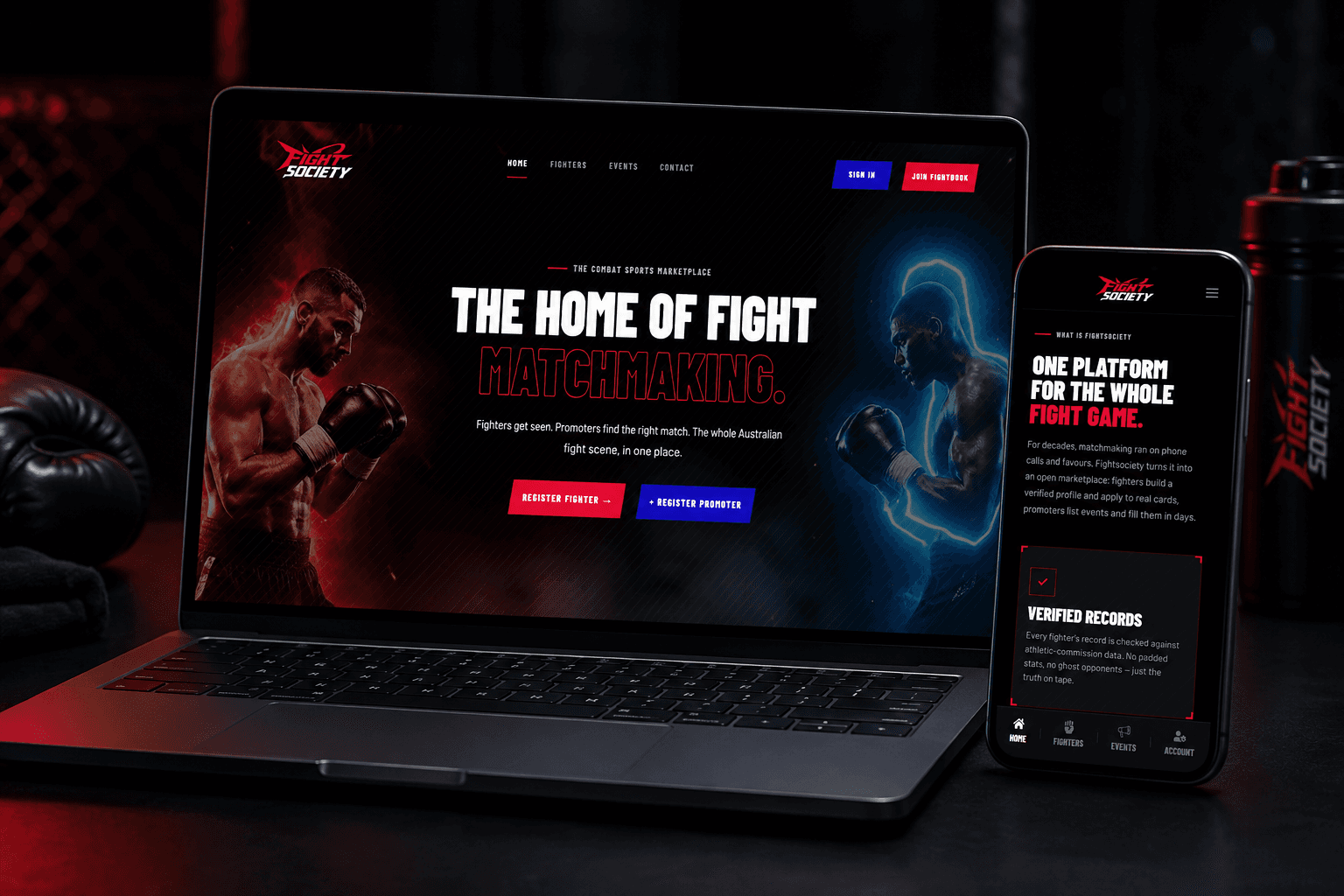 Custom Fight Society website shown on desktop and mobile
