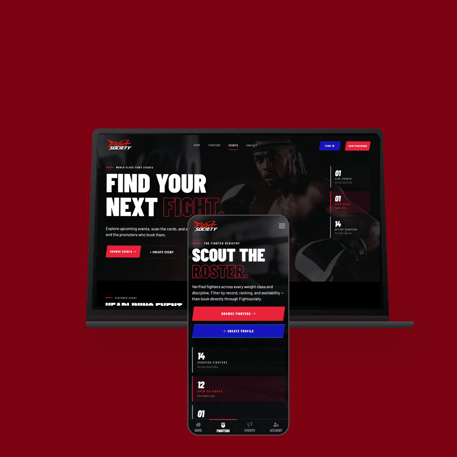 Fight Society fighter directory displayed across laptop and mobile devices