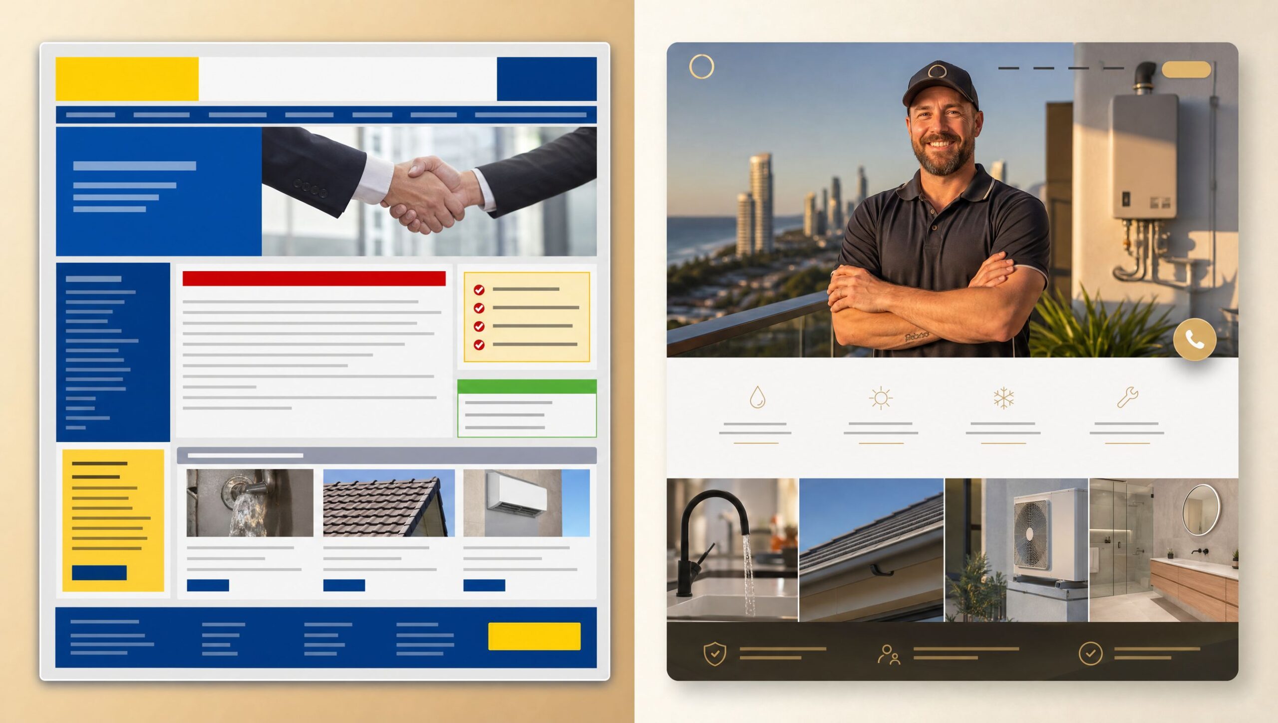 Before and after comparison generic template vs premium custom business website