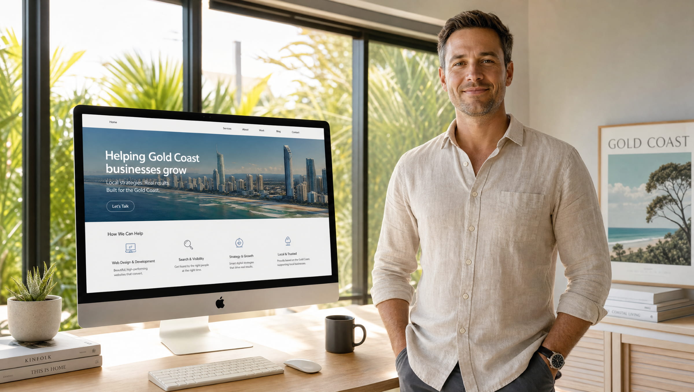 Gold Coast business owner with professional custom website on monitor