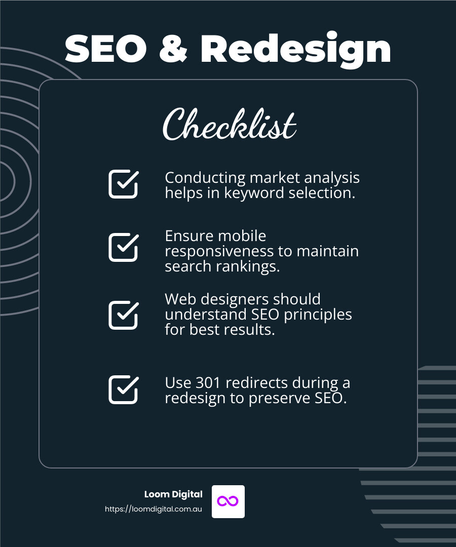 Understanding the impact of website redesign on SEO - custom website design and seo infographic checklist-dark-blue