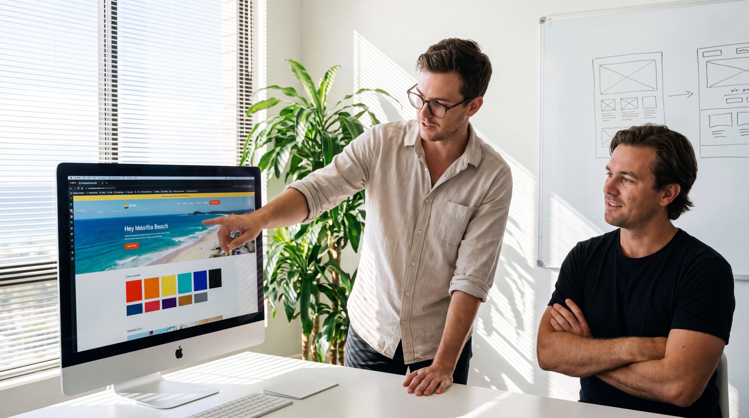 Web developer and business owner reviewing website together at desk