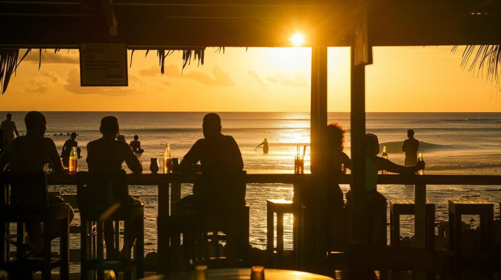 a dynamic coastal scene featuring a small business owner passionately engaging with customers against the backdrop of the golden sun setting over the ocean, symbolizing growth and opportunity through seo strategies.