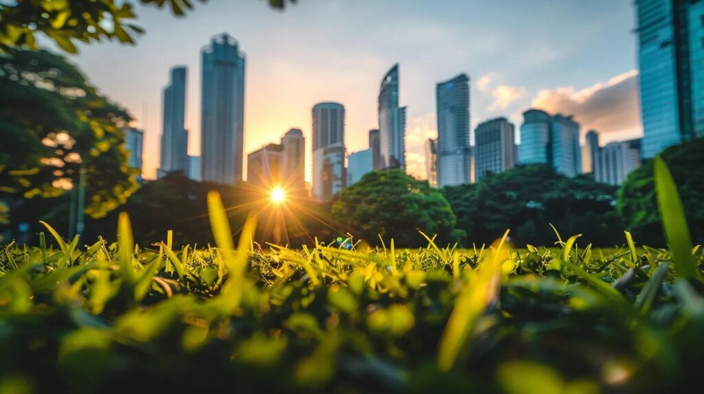 a vibrant city skyline of the gold coast at sunset, showcasing tall skyscrapers and lush greenery, symbolizing the thriving digital landscape of affordable seo companies.