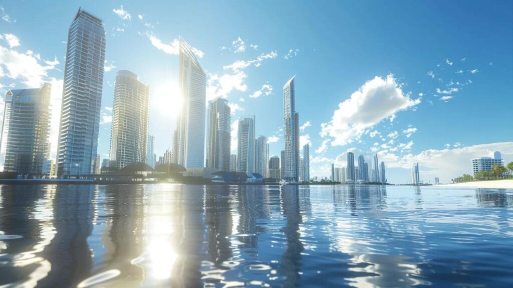 a vibrant coastal landscape showcases a thriving gold coast business district, with modern buildings reflecting sunlight against a backdrop of stunning blue skies and sparkling ocean waves, symbolizing the impact of keyword optimization on local success.