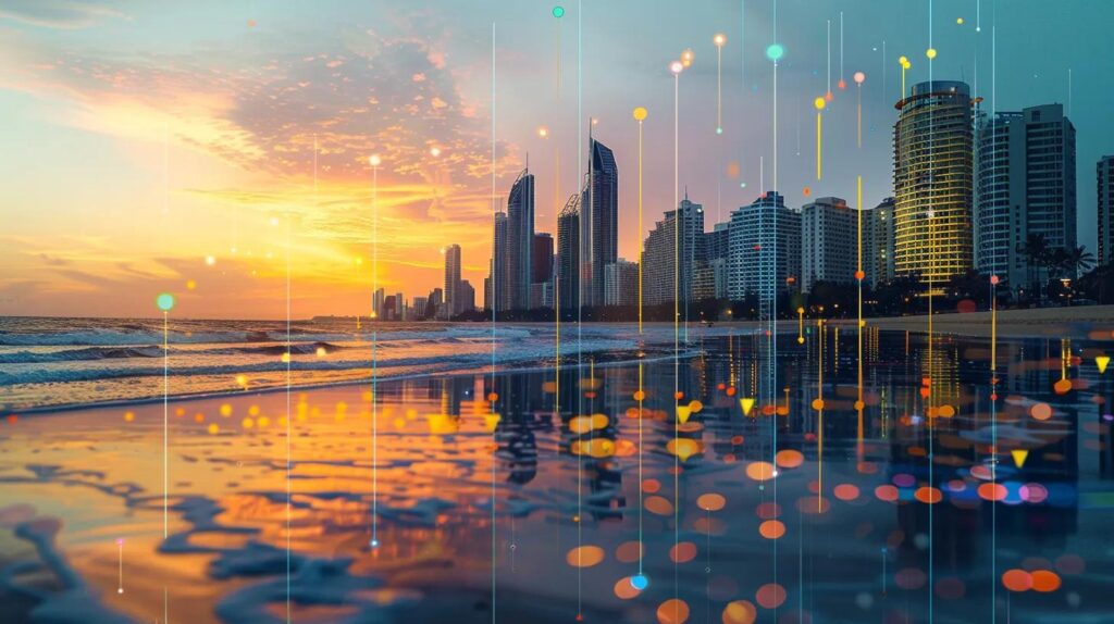 a vibrant coastal view of the gold coast skyline at sunset, highlighting a digital marketing theme with colorful graphs and seo symbols overlaid against the backdrop of the ocean waves, symbolizing the power of budget-friendly seo strategies.